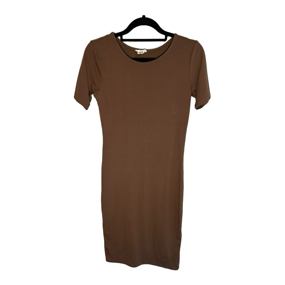 Yelete Womens Size Small Brown Solid Stretch Midi Short Sleeve Crew Neck Dress